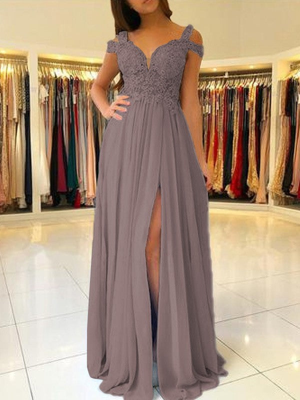 A-Line Sleeveless Off-the-Shoulder Floor-Length With Applique Chiffon Bridesmaid Dresses