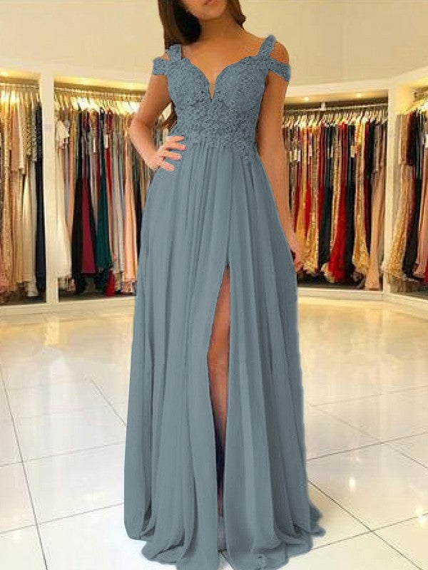 A-Line Sleeveless Off-the-Shoulder Floor-Length With Applique Chiffon Bridesmaid Dresses