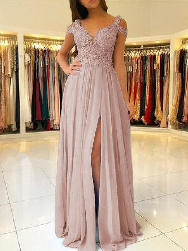 A-Line Sleeveless Off-the-Shoulder Floor-Length With Applique Chiffon Bridesmaid Dresses