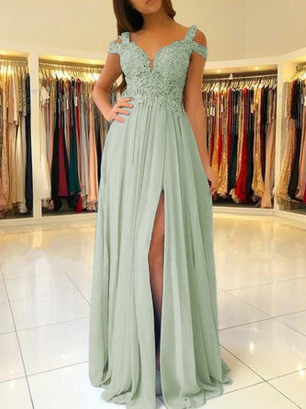 A-Line Sleeveless Off-the-Shoulder Floor-Length With Applique Chiffon Bridesmaid Dresses