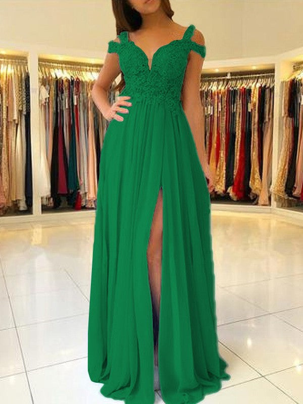 A-Line Sleeveless Off-the-Shoulder Floor-Length With Applique Chiffon Bridesmaid Dresses