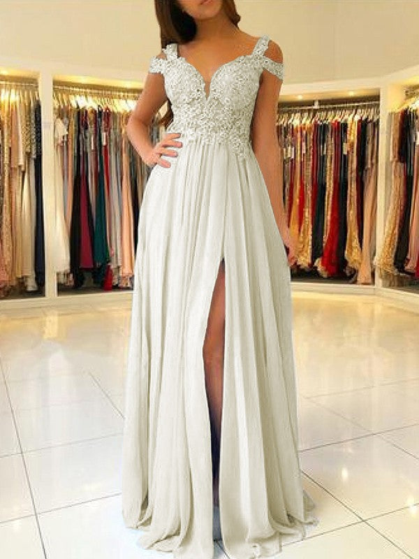 A-Line Sleeveless Off-the-Shoulder Floor-Length With Applique Chiffon Bridesmaid Dresses