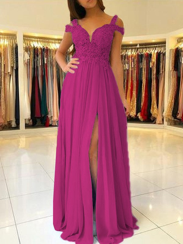 A-Line Sleeveless Off-the-Shoulder Floor-Length With Applique Chiffon Bridesmaid Dresses