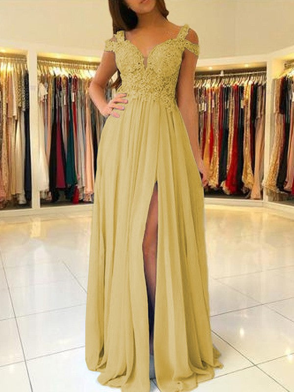 A-Line Sleeveless Off-the-Shoulder Floor-Length With Applique Chiffon Bridesmaid Dresses
