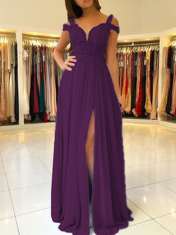 A-Line Sleeveless Off-the-Shoulder Floor-Length With Applique Chiffon Bridesmaid Dresses