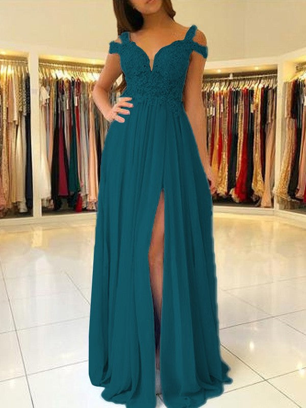 A-Line Sleeveless Off-the-Shoulder Floor-Length With Applique Chiffon Bridesmaid Dresses