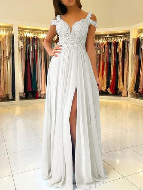 A-Line Sleeveless Off-the-Shoulder Floor-Length With Applique Chiffon Bridesmaid Dresses