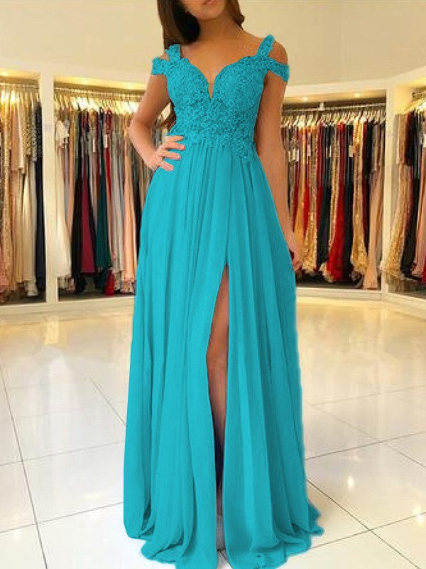 A-Line Sleeveless Off-the-Shoulder Floor-Length With Applique Chiffon Bridesmaid Dresses
