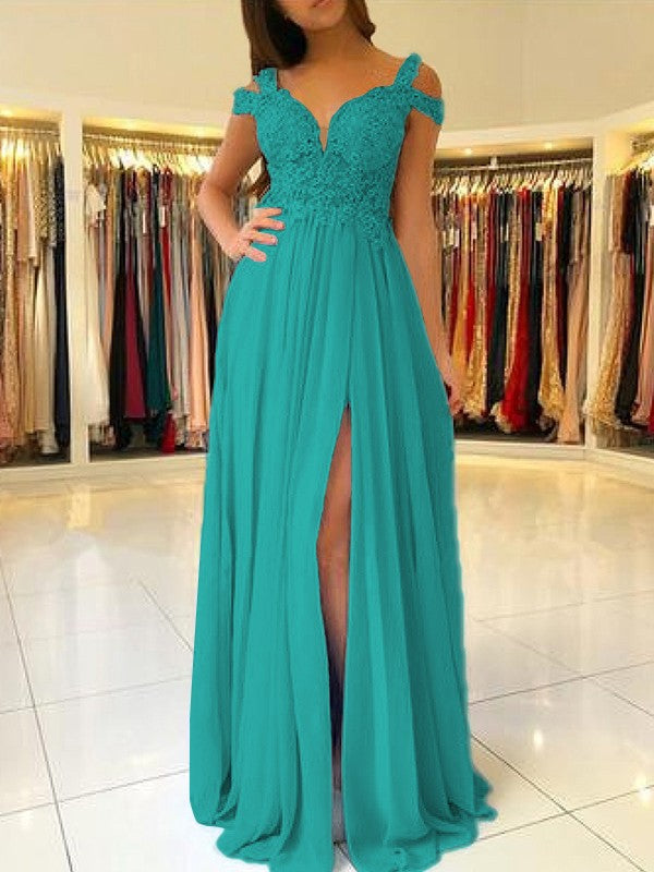 A-Line Sleeveless Off-the-Shoulder Floor-Length With Applique Chiffon Bridesmaid Dresses