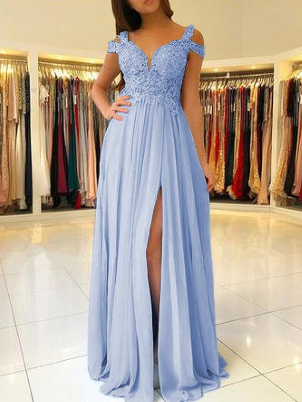 A-Line Sleeveless Off-the-Shoulder Floor-Length With Applique Chiffon Bridesmaid Dresses