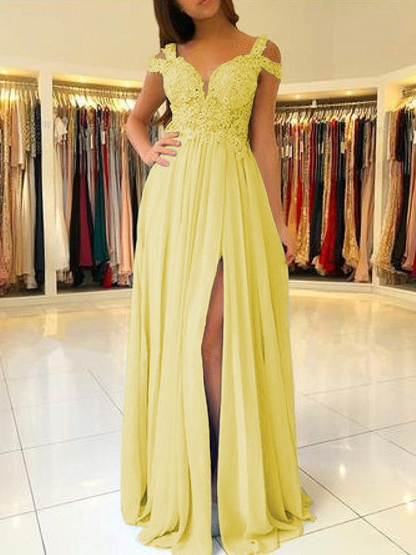 A-Line Sleeveless Off-the-Shoulder Floor-Length With Applique Chiffon Bridesmaid Dresses