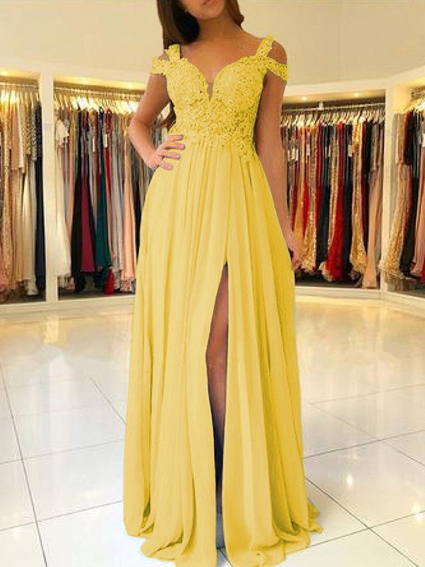 A-Line Sleeveless Off-the-Shoulder Floor-Length With Applique Chiffon Bridesmaid Dresses