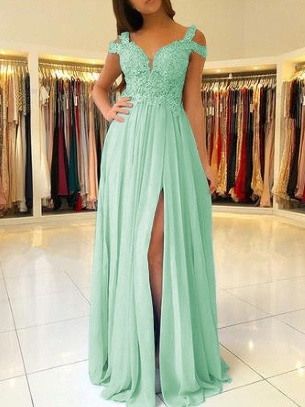 A-Line Sleeveless Off-the-Shoulder Floor-Length With Applique Chiffon Bridesmaid Dresses