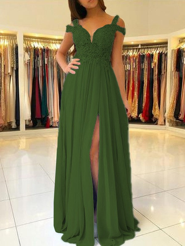 A-Line Sleeveless Off-the-Shoulder Floor-Length With Applique Chiffon Bridesmaid Dresses
