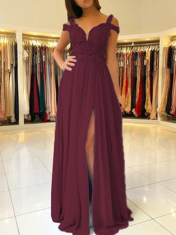 A-Line Sleeveless Off-the-Shoulder Floor-Length With Applique Chiffon Bridesmaid Dresses