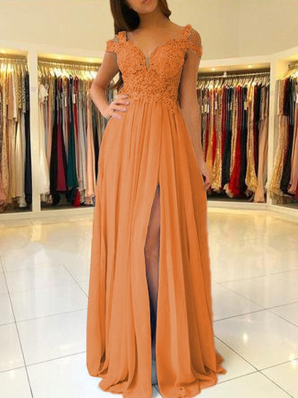 A-Line Sleeveless Off-the-Shoulder Floor-Length With Applique Chiffon Bridesmaid Dresses