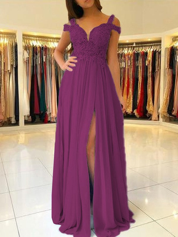 A-Line Sleeveless Off-the-Shoulder Floor-Length With Applique Chiffon Bridesmaid Dresses