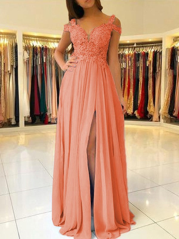 A-Line Sleeveless Off-the-Shoulder Floor-Length With Applique Chiffon Bridesmaid Dresses