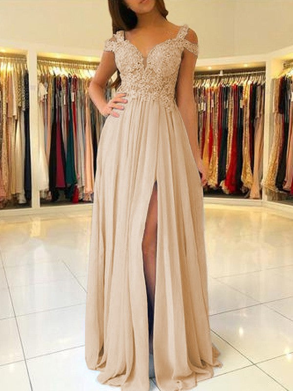 A-Line Sleeveless Off-the-Shoulder Floor-Length With Applique Chiffon Bridesmaid Dresses