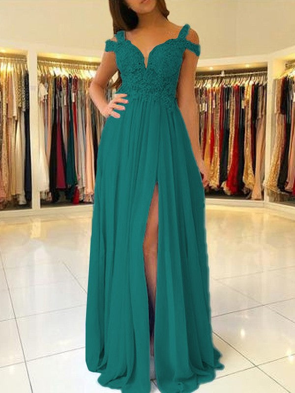 A-Line Sleeveless Off-the-Shoulder Floor-Length With Applique Chiffon Bridesmaid Dresses