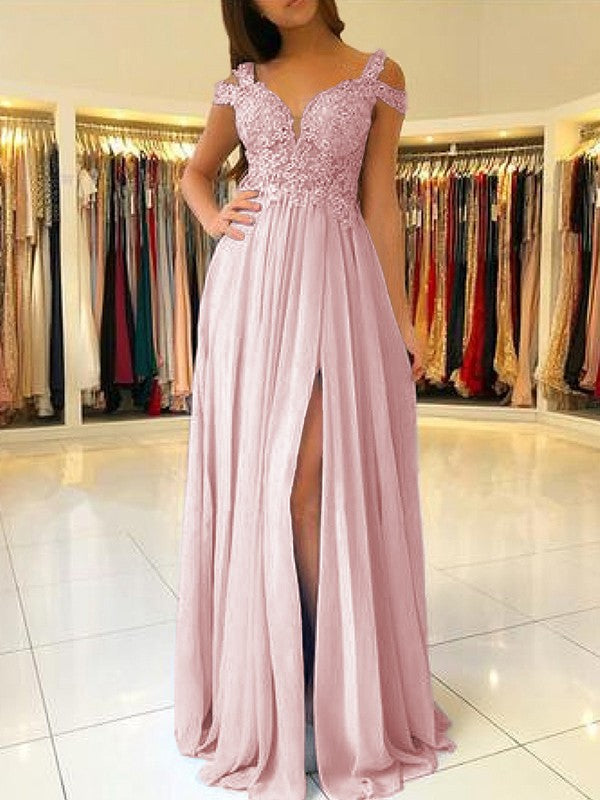 A-Line Sleeveless Off-the-Shoulder Floor-Length With Applique Chiffon Bridesmaid Dresses