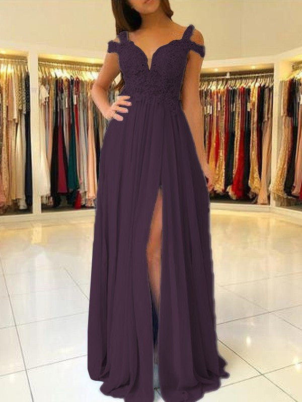 A-Line Sleeveless Off-the-Shoulder Floor-Length With Applique Chiffon Bridesmaid Dresses