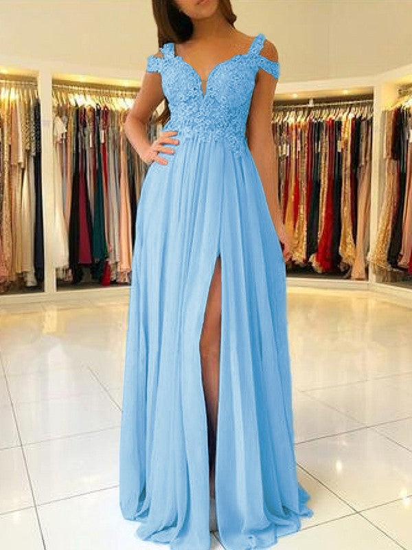 A-Line Sleeveless Off-the-Shoulder Floor-Length With Applique Chiffon Bridesmaid Dresses