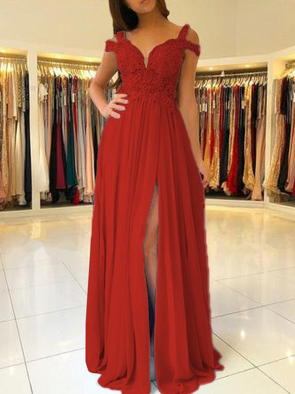 A-Line Sleeveless Off-the-Shoulder Floor-Length With Applique Chiffon Bridesmaid Dresses