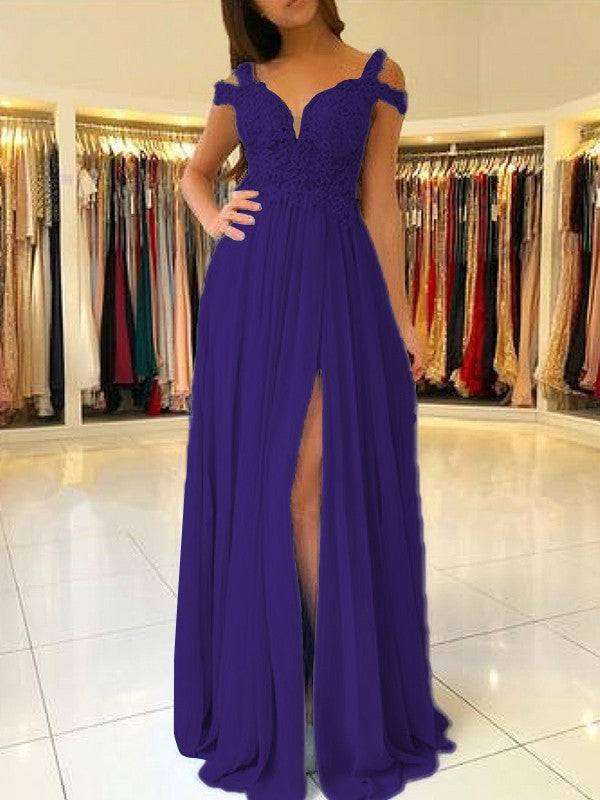 A-Line Sleeveless Off-the-Shoulder Floor-Length With Applique Chiffon Bridesmaid Dresses