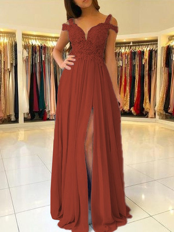 A-Line Sleeveless Off-the-Shoulder Floor-Length With Applique Chiffon Bridesmaid Dresses