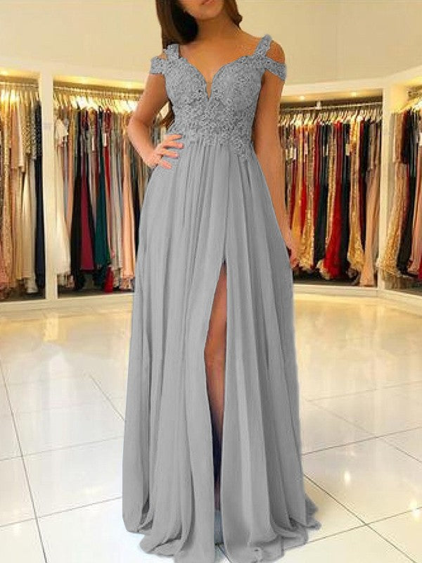 A-Line Sleeveless Off-the-Shoulder Floor-Length With Applique Chiffon Bridesmaid Dresses