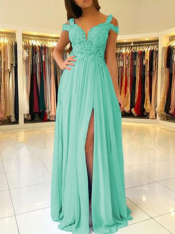 A-Line Sleeveless Off-the-Shoulder Floor-Length With Applique Chiffon Bridesmaid Dresses