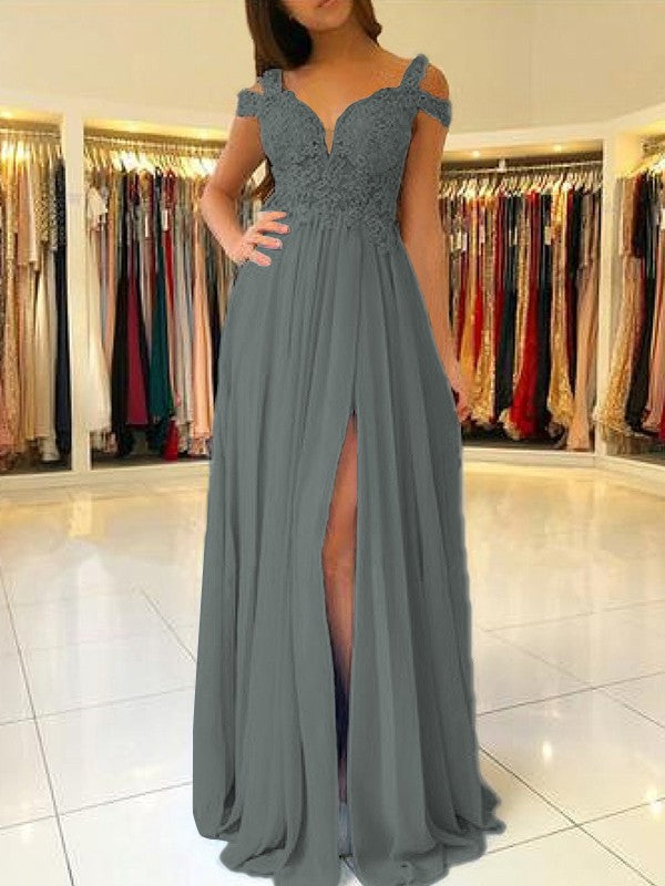 A-Line Sleeveless Off-the-Shoulder Floor-Length With Applique Chiffon Bridesmaid Dresses