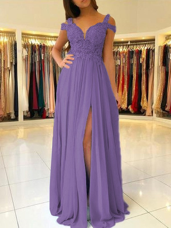 A-Line Sleeveless Off-the-Shoulder Floor-Length With Applique Chiffon Bridesmaid Dresses
