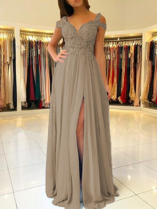 A-Line Sleeveless Off-the-Shoulder Floor-Length With Applique Chiffon Bridesmaid Dresses