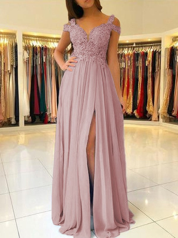A-Line Sleeveless Off-the-Shoulder Floor-Length With Applique Chiffon Bridesmaid Dresses