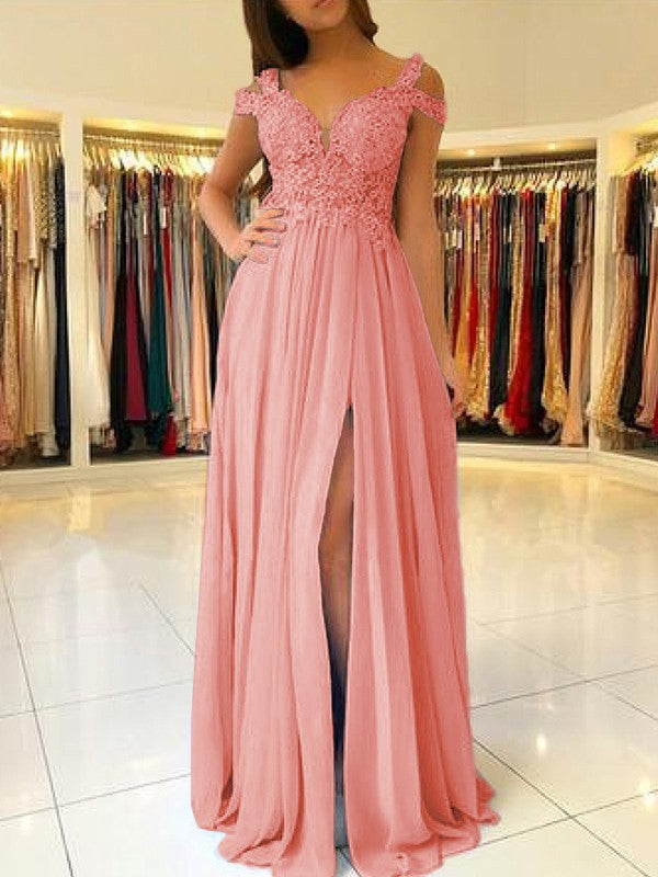A-Line Sleeveless Off-the-Shoulder Floor-Length With Applique Chiffon Bridesmaid Dresses