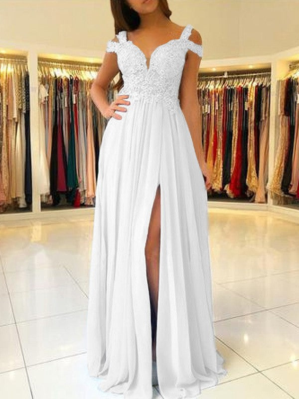 A-Line Sleeveless Off-the-Shoulder Floor-Length With Applique Chiffon Bridesmaid Dresses