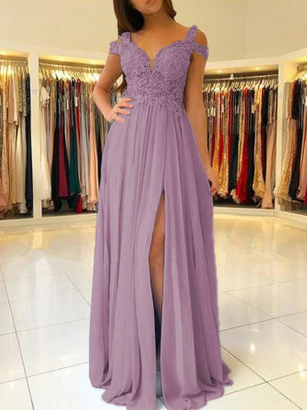 A-Line Sleeveless Off-the-Shoulder Floor-Length With Applique Chiffon Bridesmaid Dresses