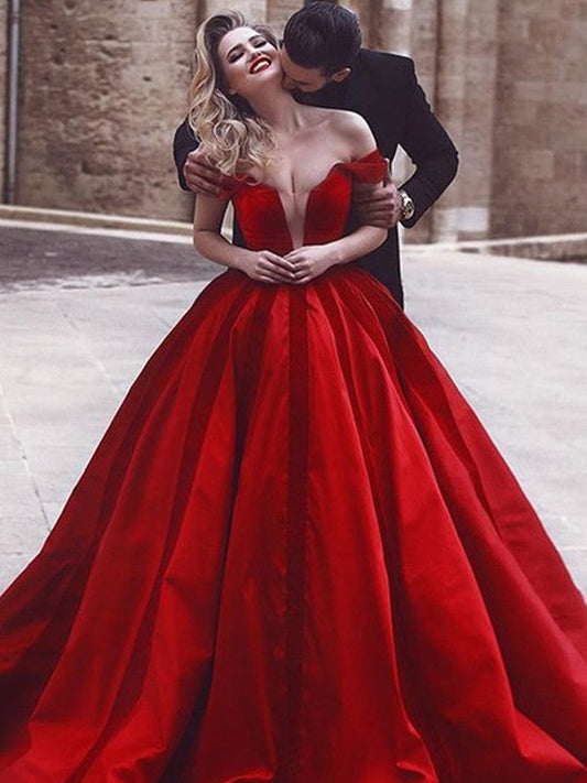 Ball Gown Sleeveless Off-the-Shoulder Sweep/Brush Train With Ruffles Satin Prom Dress
