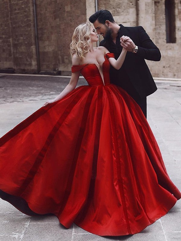 Ball Gown Sleeveless Off-the-Shoulder Sweep/Brush Train With Ruffles Satin Prom Dress