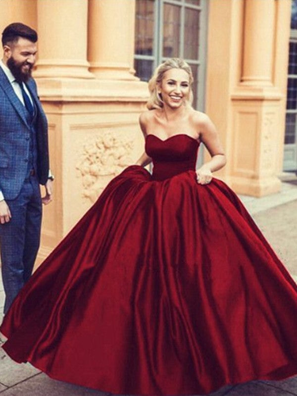 Ball Gown Sleeveless Sweetheart Sweep/Brush Train With Ruffles Satin Prom Dress