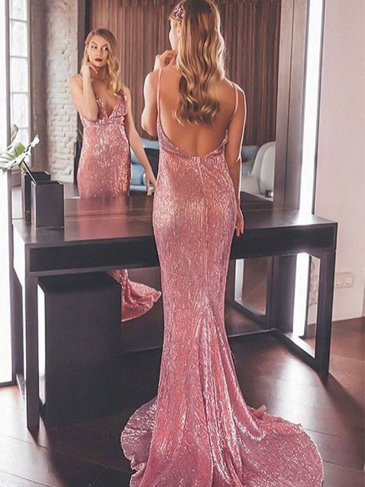 Mermaid Sleeveless V-neck Sweep/Brush Train With Ruffles Sequins Prom Dress