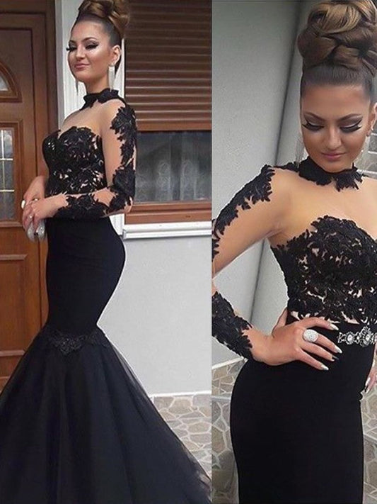 Mermaid Long Sleeves High Neck Floor-Length With Applique Tulle Prom Dress