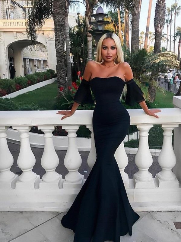 Mermaid Sleeveless Off-the-Shoulder Floor-Length With Ruffles Stretch Crepe Prom Dress