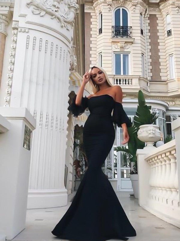 Mermaid Sleeveless Off-the-Shoulder Floor-Length With Ruffles Stretch Crepe Prom Dress
