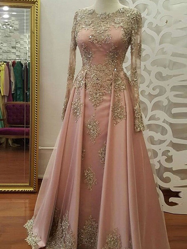 A-Line Long Sleeves Scoop Floor-Length With Applique Tulle Muslim Prom Dress