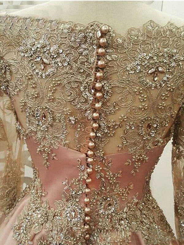 A-Line Long Sleeves Scoop Floor-Length With Applique Tulle Muslim Prom Dress
