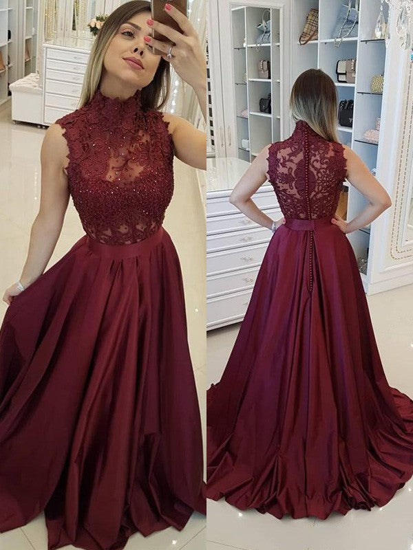 A-Line Sleeveless High Neck Sweep/Brush Train With Applique Satin Prom Dress