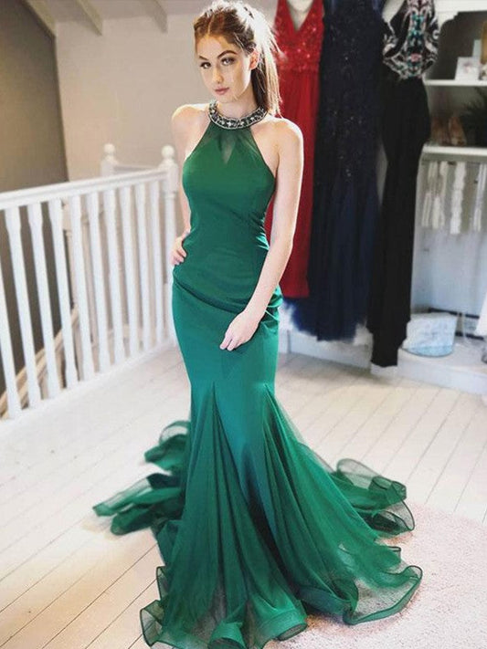 Mermaid Sleeveless Halter Sweep/Brush Train With Ruffles Organza Prom Dress